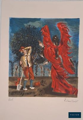 une image représentant un tableau où figurent un homme et une femme vêtue d'une robe rouge