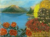 tableau représentant une vue sur un lac avec une montagne au loin