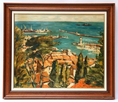 une peinture à l'huile représentant une vue d'un port avec des bateaux sur l'eau