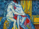 un tableau représentant deux nus assis sur une chaise