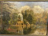 an oil painting of a lake with a gazebo and a boat in the water