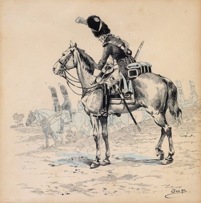 dessin représentant un homme en uniforme à cheval, avec d'autres hommes en arrière-plan