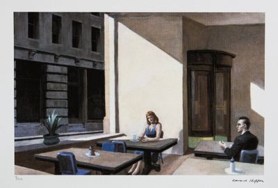 une peinture représentant un homme et une femme assis à une table
