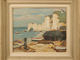 an image of a painting of boats on a beach next to a cliff