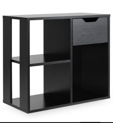 a close up of a black shelf with two drawers on it