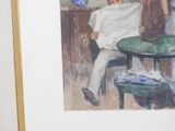 a painting of a man sitting at a table reading a newspaper