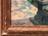 an oil painting of a cat sitting on a bench in a garden