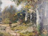 painting of a man riding a horse down a dirt road next to a river