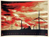 an image of a picture of a red sky with windmills in the background