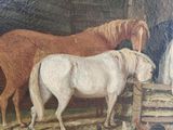 painting of horses in a stable with chickens and chickens