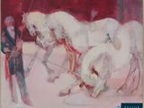 a painting of two horses pulling a man on a sled