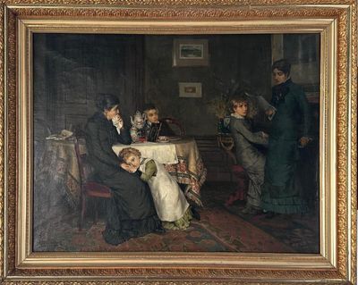 painting of a group of people sitting around a table in a room