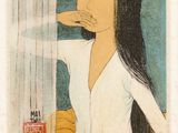 tableau représentant une femme appuyée contre le rebord d'une fenêtre, la main sous le menton