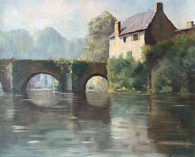 une peinture représentant un pont enjambant une rivière, avec un bâtiment en arrière-plan