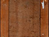 an old picture of a wooden frame with a white arrow sticking out of it