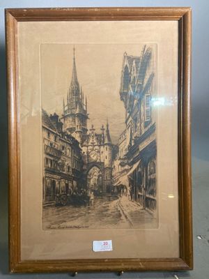 an old picture of a city street with a clock tower in the background
