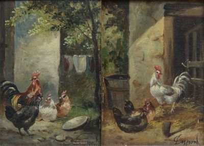 deux tableaux représentant des poules et des coqs dans une grange, avec du linge suspendu à une corde à linge