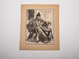 an old drawing of a man sitting on a bench in a room
