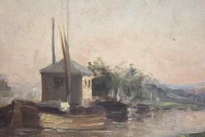 a painting of a boat on the water with a building in the background