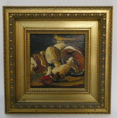 peinture d'une nature morte de fruits et légumes dans un cadre doré