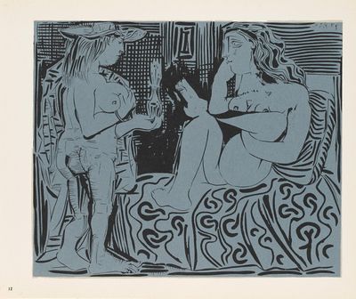 un dessin représentant un homme et une femme assis sur un lit