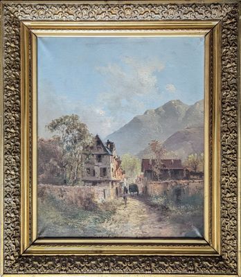 an oil painting of a village scene in a gold frame
