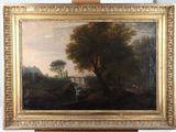 an oil painting of a landscape with a man and a dog in a wooded setting