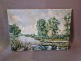 an oil painting of a river with trees and a house in the background