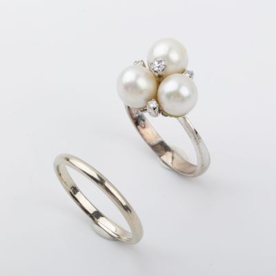 Bague trèfle perles de culture, diam : 7 mm env, diamant tai… - Photo 1