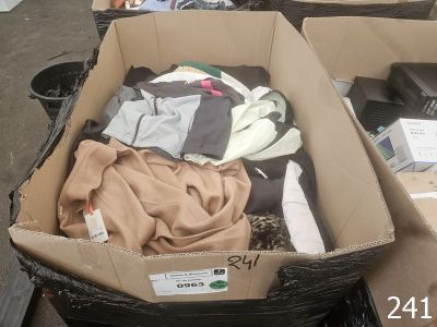 une boîte remplie de vêtements posée par terre