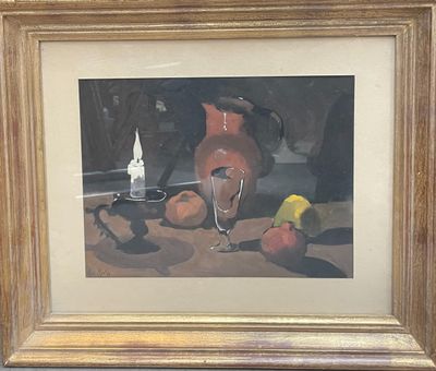 une photo d'une peinture représentant une nature morte avec un verre à vin et des fruits