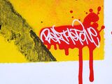 graffiti on the wall of a building with a yellow and red background