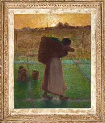 un tableau représentant une femme portant un panier de légumes dans un champ