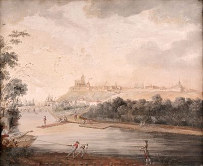 tableau représentant une vue d'une ville avec une rivière et un château au loin