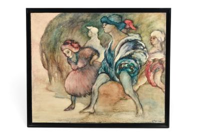 tableau encadré représentant un homme et une femme dansant devant un groupe de personnes