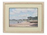 painting of a beach scene with boats in the water and a sky background