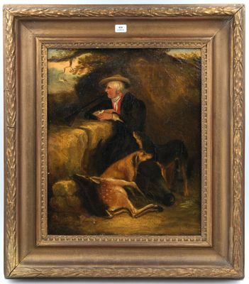 un tableau représentant un homme assis sur une botte de foin avec deux chiens