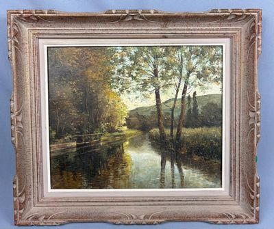 MICHEL AUBRIET Huile sur toile (1974) intitulée "Le barrage"…