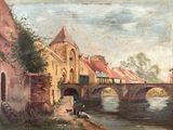 a painting of a painting of a bridge over a river