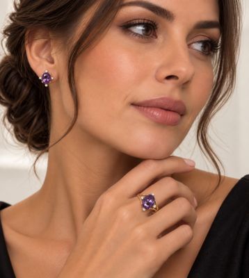 une femme portant un haut noir, des boucles d'oreilles violettes et une bague
