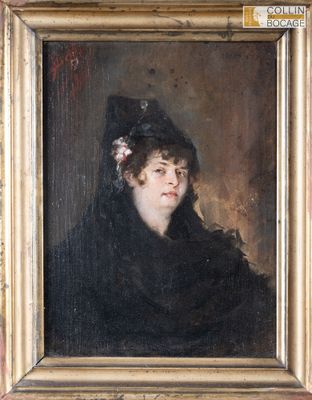 une peinture à l'huile représentant une femme vêtue d'une robe noire et d'un chapeau noir