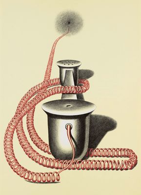 drawing of a black and red object with a red cord around it