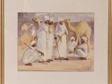 un tableau représentant un groupe de personnes avec des chameaux