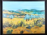 peinture à l'huile représentant un paysage avec des oliviers et une maison au loin