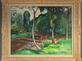 an oil painting of a forest scene with deer in the foreground