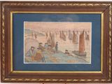 tableau représentant un groupe de personnes à bord d'un bateau sur un plan d'eau