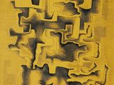 peinture abstraite en jaune et noir représentant un groupe de personnes sur un fond jaune