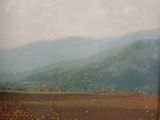 a painting on the wall of a room with mountains in the background