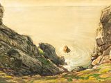 un tableau représentant un homme debout sur une falaise au bord de l'eau