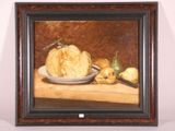 a painting of a plate of food on a table